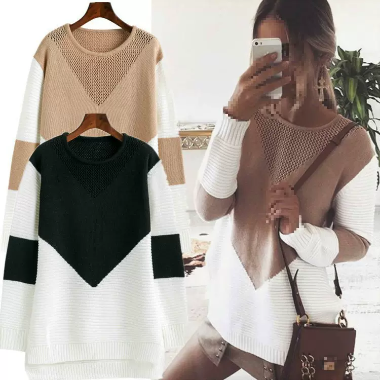 2025欧美亚马逊wish新款 秋冬时尚宽松拼接针织衫毛衣女一件代发