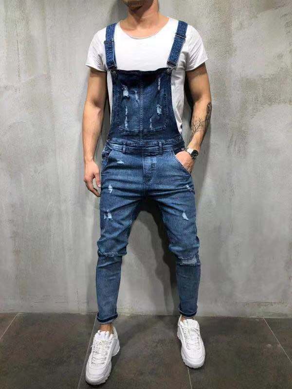 Comercio exterior europeo y americano Denim rasgado pantalones de hombre transfronterizo en stock estación europea nuevos hombres overoles ventas directas de la fábrica