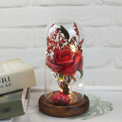 ins Spend eternity Glass cover luminescence Rose Lover Bouquet of flowers LED Gypsophila Log base Home Furnishing Decoration
