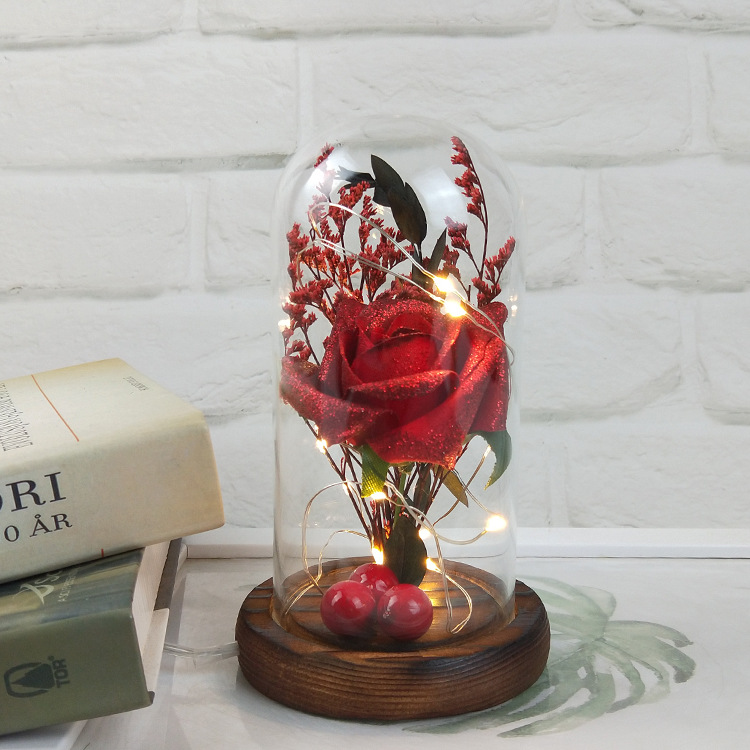 ins Spend eternity Glass cover luminescence Rose Lover Bouquet of flowers LED Gypsophila Log base Home Furnishing Decoration