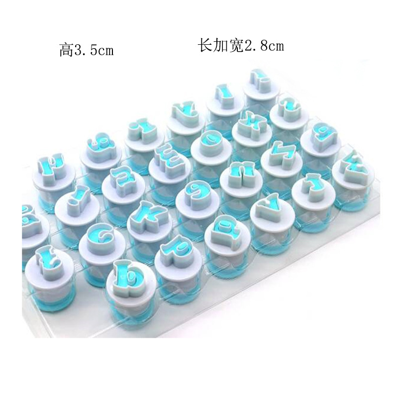 Qikai 26P mayúsculas y minúsculas letra número biscuit primavera molde fondant cake impresión plástico en stock