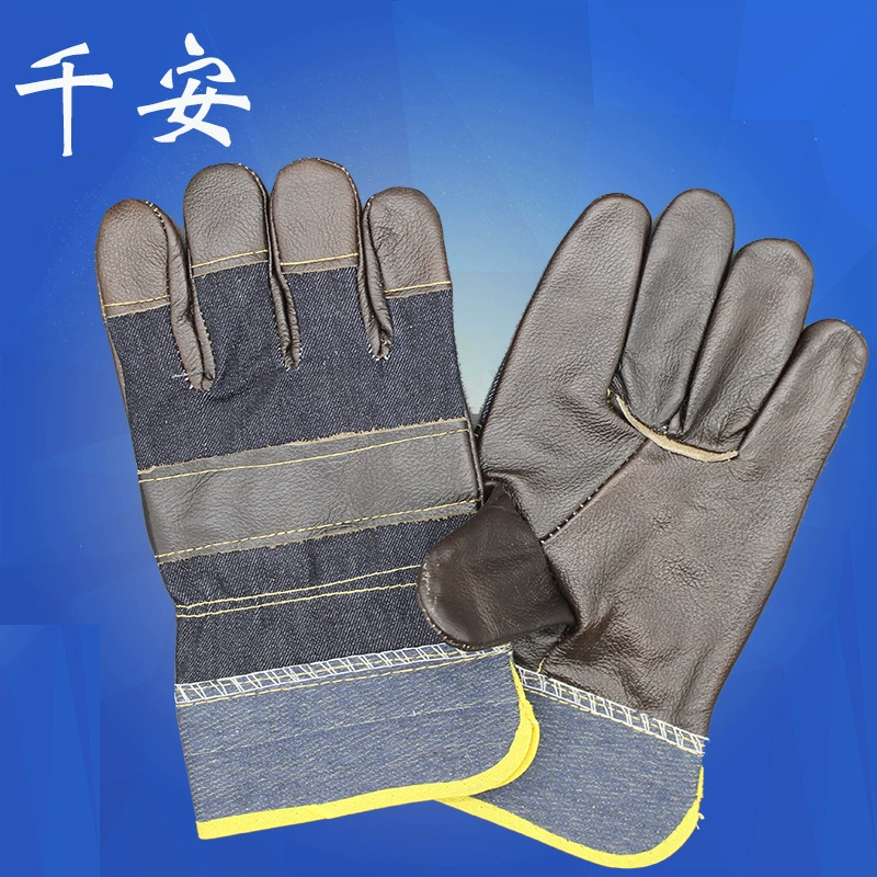 Фабрика оптовой первый слой воловьей кожи Темная джинсовая короткая кожа ладони сварщик охраны труда половина кожаные перчатки