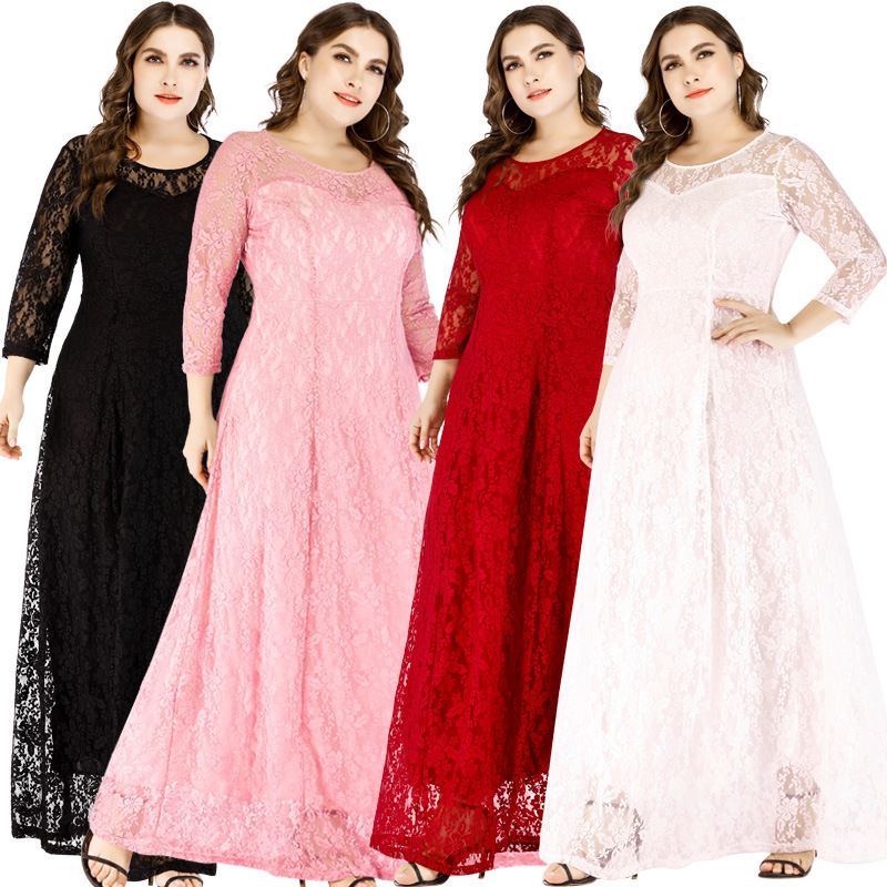 2024 New Plus-Size Women's Fashion European and American Evening Dress with Three-Quarter Sleeves, Long Skirt, Amazon Large Hem Lace Dress
