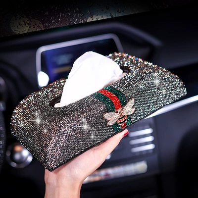 Car Paper Box Seat Type Car Tissue Box High-grade Leather Diamond Bee Tissue Box Creative Car Interior (Car tissue box/set) - bee-tissue-box-black-gray