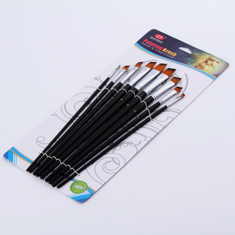 Venta directa de fábrica de 9 pinceles de punta plana de nailon con mangos de madera negros brillantes, pinceles para pintura al óleo, herramientas de pintura duraderas.