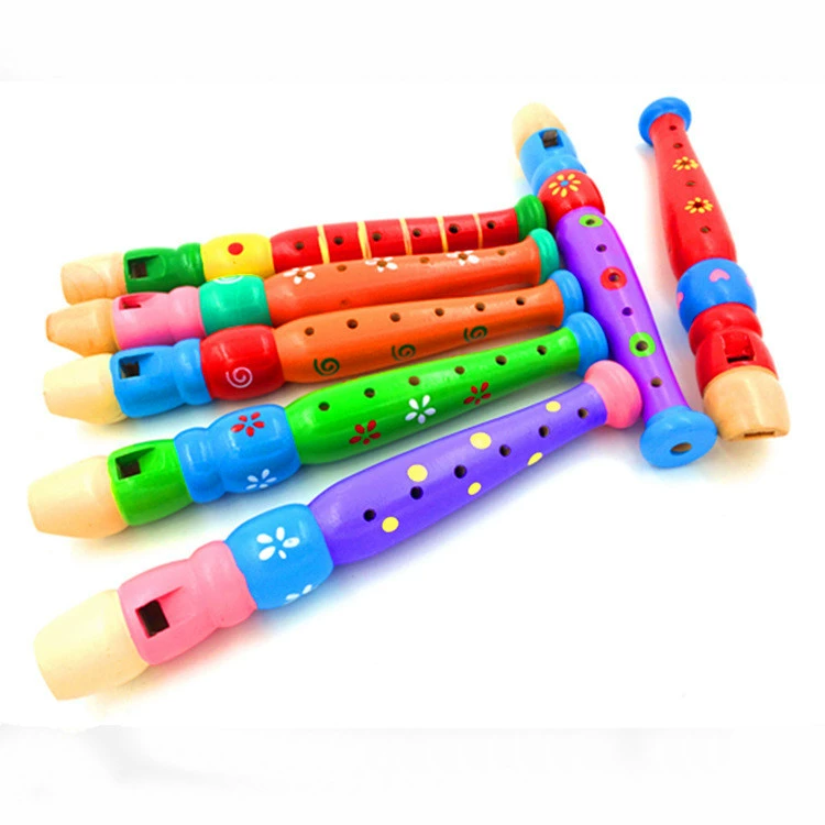 Wooden Cartoon Musical Instruments Set, Baby Music Toy — Colorful Handheld Flute (Wood)