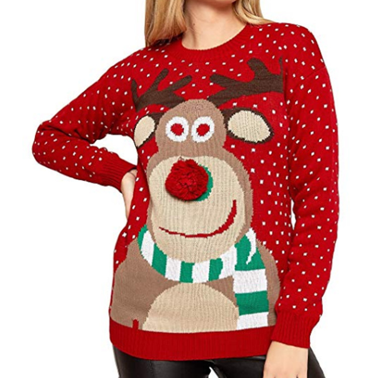 Autumn and winter Amazon cross-border casual red Christmas sweater women's round neck loose sticky wool ball deer pullover sweater