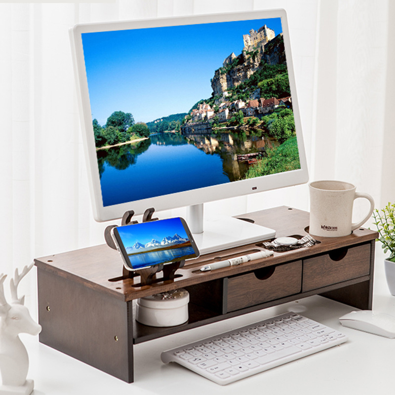 Directo de fábrica soporte del monitor de la computadora de escritorio de madera maciza simple organizador de almacenamiento de oficina de almacenamiento de escritorio