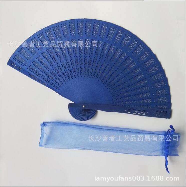 Hay en stock ventilador de madera llano transfronterizo más bolsa de organza ventilador plegable de madera de loto ventilador de madera de la boda multi-color opcional
