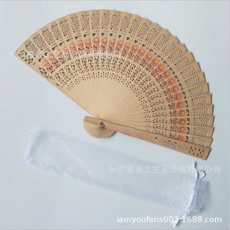 Hay en stock ventilador de madera llano transfronterizo más bolsa de organza ventilador plegable de madera de loto ventilador de madera de la boda multi-color opcional
