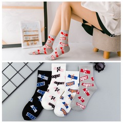 秋季潮襪 字母棉襪 中筒女襪 字母提花橡筋運動襪子