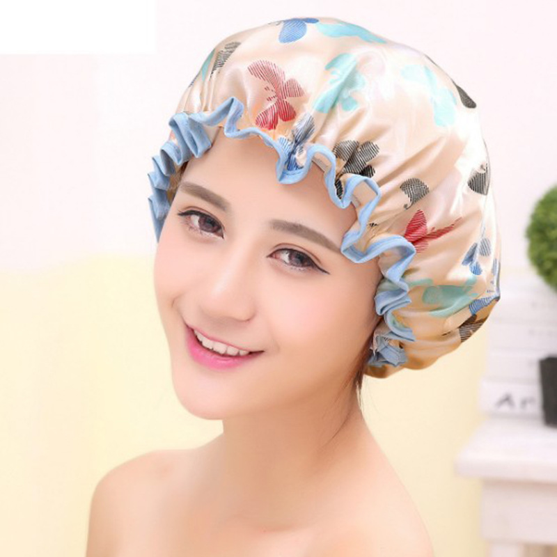 Waterproof Satin Shower Cap For Women Double Layer Bathing Hat_voghion.com