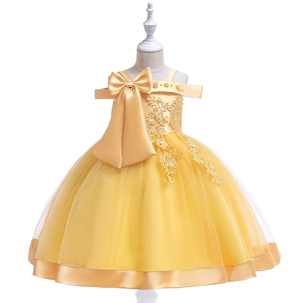 Flower Girl Dress Suspender Dress One Shoulder Beaded Princess Dress Mesh Twill Forged Cloth Kidsren's Wedding Dress