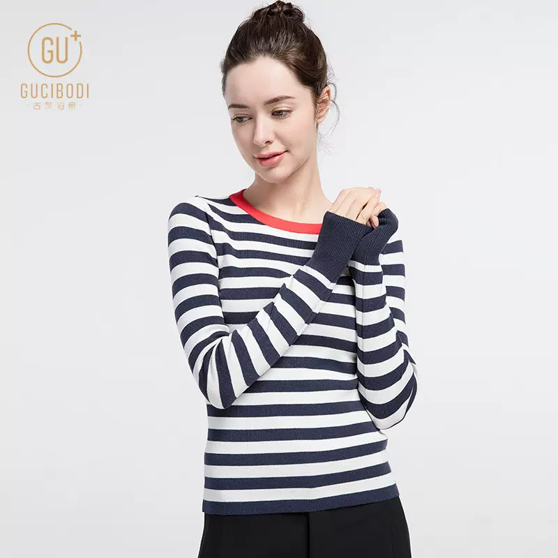 秋冬100%纯羊毛衫女圆领条纹领口撞色针织衫弹力显瘦百搭毛衣上装