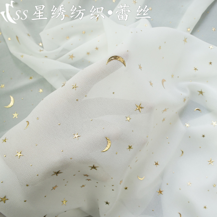 75D特密珍珠雪纺滴塑烫金印3D点胶压金大星星月亮台布箱包服饰