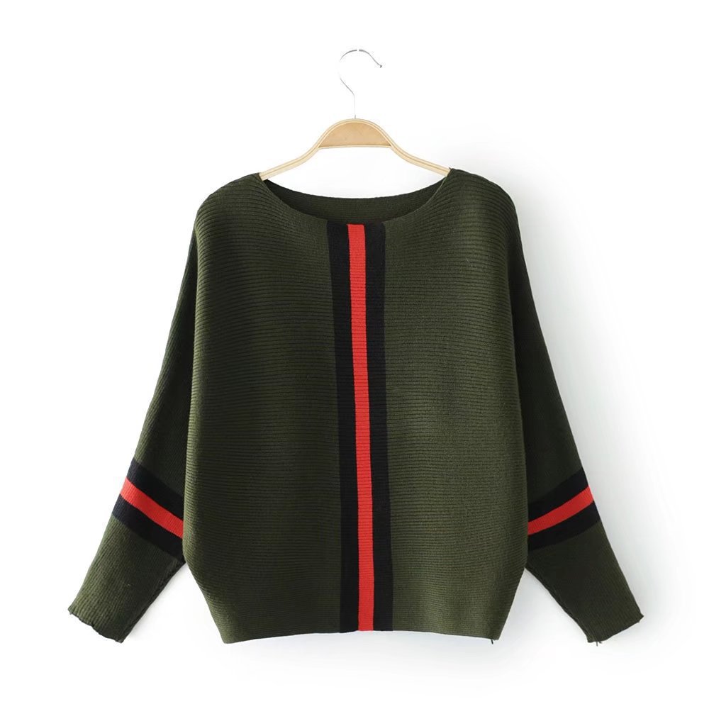 Real shot AliExpress otoño ropa de mujer nuevo fuera del cuello a rayas costura Batwing manga Camiseta de punto top