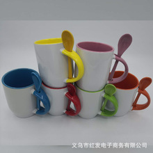 熱轉印空白塗層陶瓷馬克杯帶勺子插勺內彩白杯批發熱升華塗層彩杯