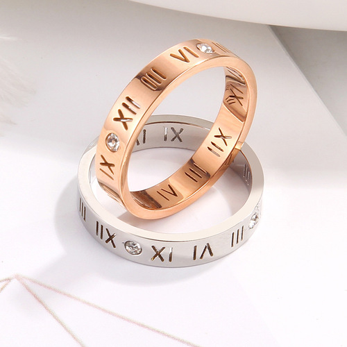 European and American 18k rose gold titanium steel Roman numeral ring Diamond hollow couple alphabet ring for men and women