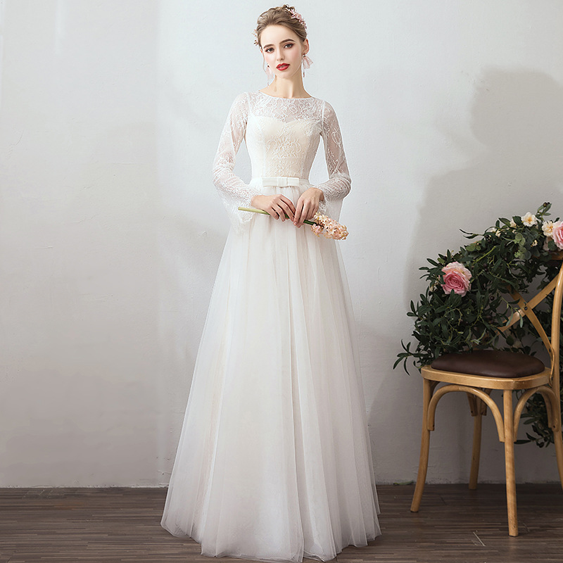Wholesale Light Wedding Dress 2025 New Winter Bride Forest Long-Sleeved Wedding Dress Simple Slimming Look Outing Gauze Floor-Length