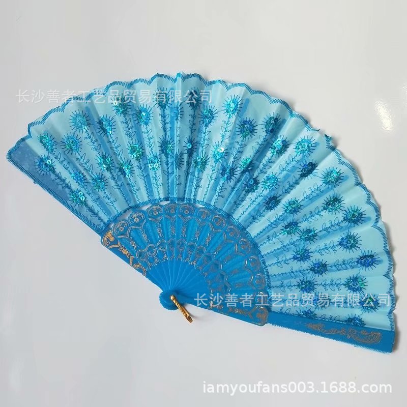 En stock AliExpress ventilador plegable de lentejuelas Amazon ventilador de lentejuelas bordado hecho a mano ventilador de lentejuelas Yongchun fan barra de color