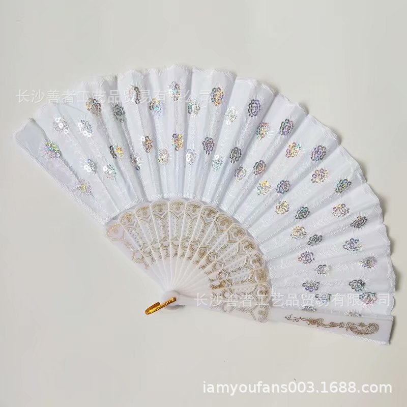En stock lentejuelas ventilador español ventilador de plástico etapa apoyos ventilador blanco varilla lentejuelas blancas 15 colores opcionales 22