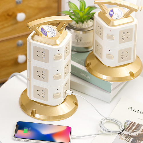 Vertical tower socket strip with safety door household multi-functional plug board porous wiring board with USB plug strip