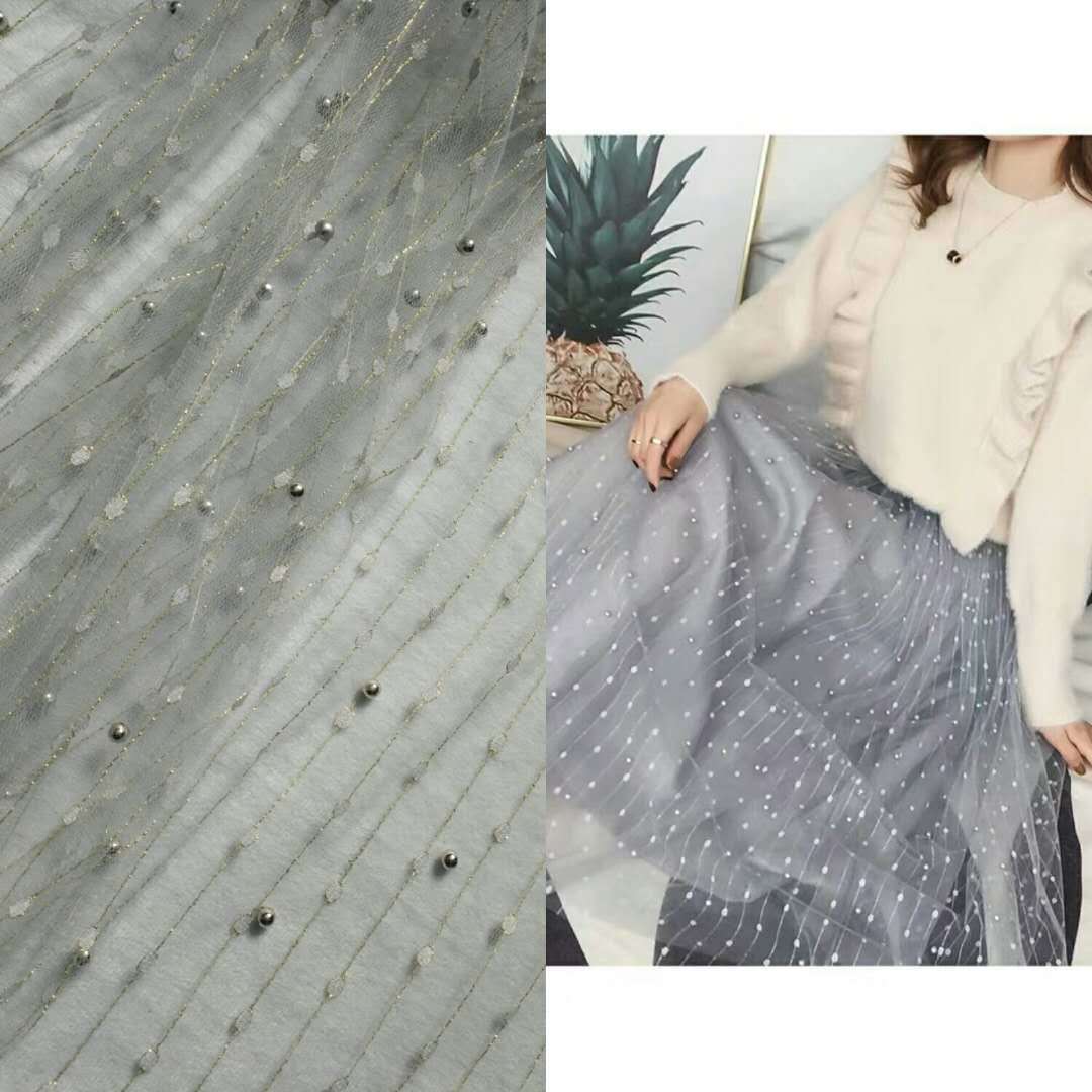 爆款无弹全锦纶金线小雨点提花网布钉珠 童装 纱裙面料 颜色现货