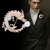 Fashionable brooch from pearl, men's pin, European style, diamond encrusted