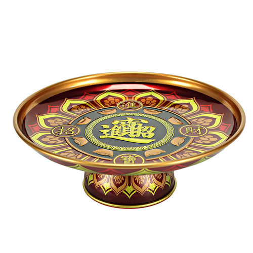 Alloy fruit plate for offering to Buddha, worship supplies, gold-plated contribution plate with wealth attracting lotus Buddha items, tray for worship.