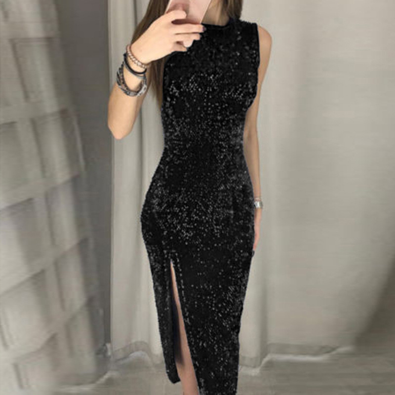 Sleeveless Crew Neck All Over Sequin Midi Dress, Velvet Base High Side Split Asymmetrical Hem Bodycon Cocktail Party Dress 4 Colors_ecoleips.com
