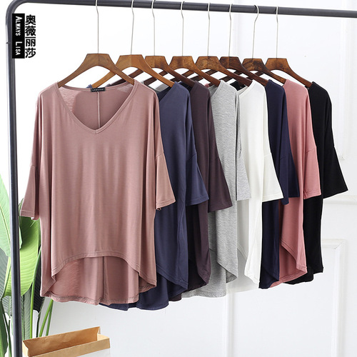 Summer and Spring V-Neck Short Front Long Back Batsleeve Oversized Modal T-shirt Base Shirt for Plus Size