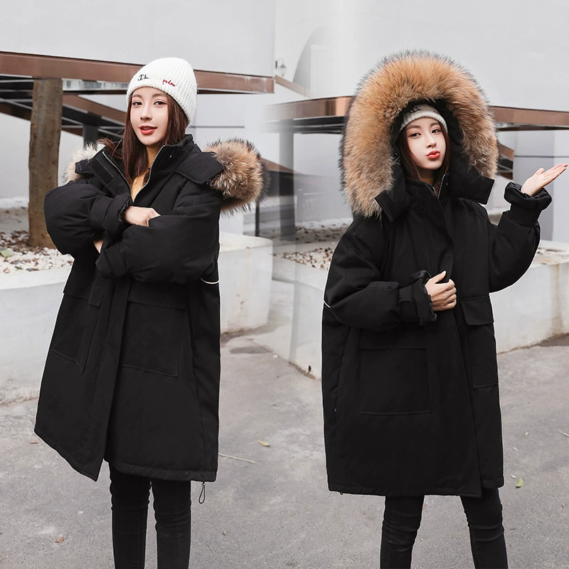 Chubby Girl Свободная женская одежда очень больших размеров плюс удобрения для увеличения длины пуховика с воротником из меха енота 300 кг, пальто 077