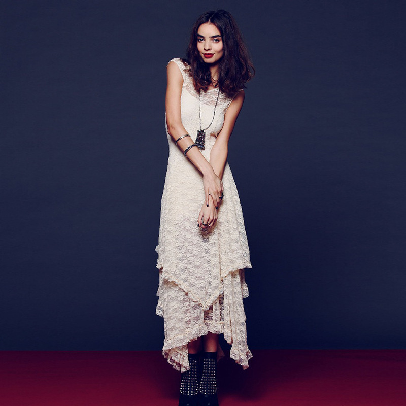 European Station Fashion Women's Explosions Irregular High and Low Lace Dress Sexy Long Dress