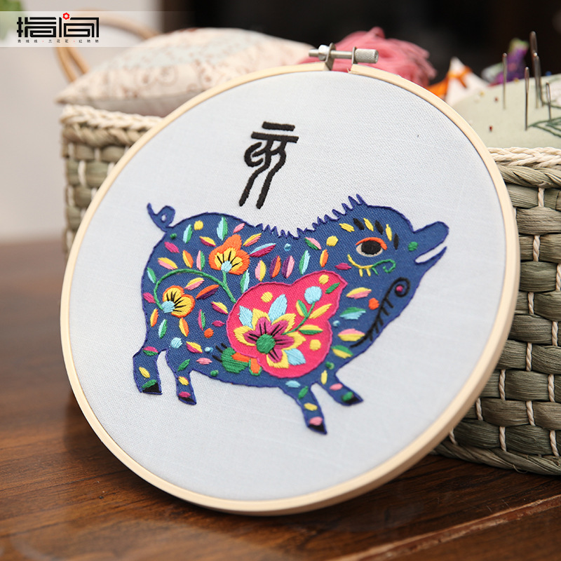 Bordado DIY material de mano bolsas de bordado Lu tela primaria bordado cinta tridimensional bordado zodiaco cerdos bordado bambú tensión colgar creativo