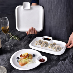 純白陶瓷盤薯條盤壽司水餃小吃分隔盤分格帶醬料餐碟快餐餐具可制