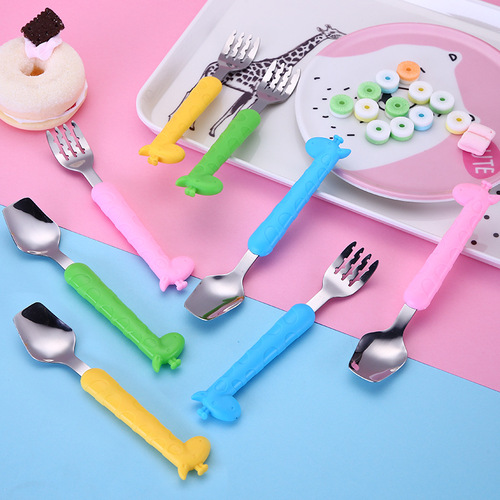 不锈钢儿童勺子卡通长颈鹿宝宝吃饭勺叉套装幼儿园母婴店礼品餐具