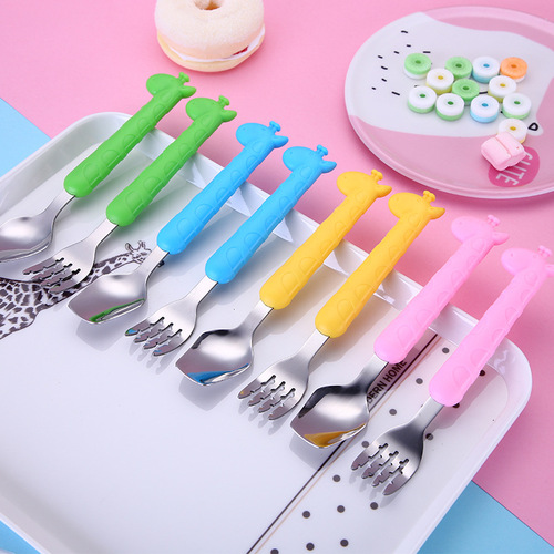 Stainless steel children's spoon cartoon giraffe baby eating spoon fork set kindergarten baby gift tableware