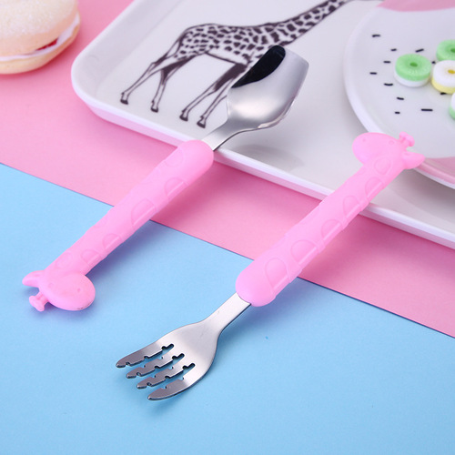Stainless steel children's spoon cartoon giraffe baby eating spoon fork set kindergarten baby gift tableware