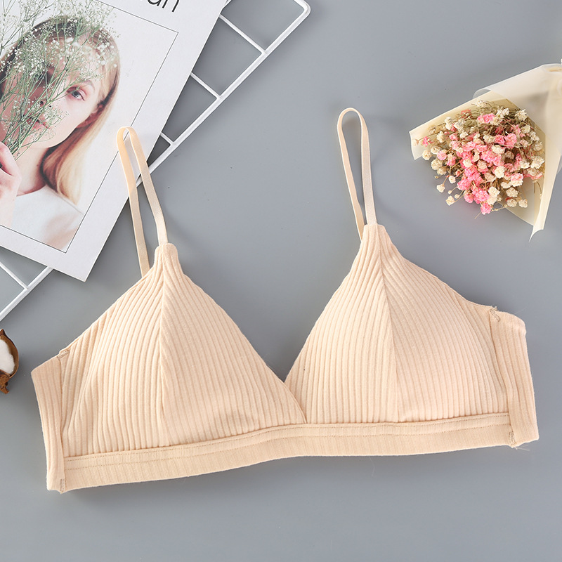 Correa ropa interior de mujer de doble botonadura de rayas verticales de algodón con rosca base de copa de triángulo envuelto pecho sujetador de belleza inalámbrico de niña image 10