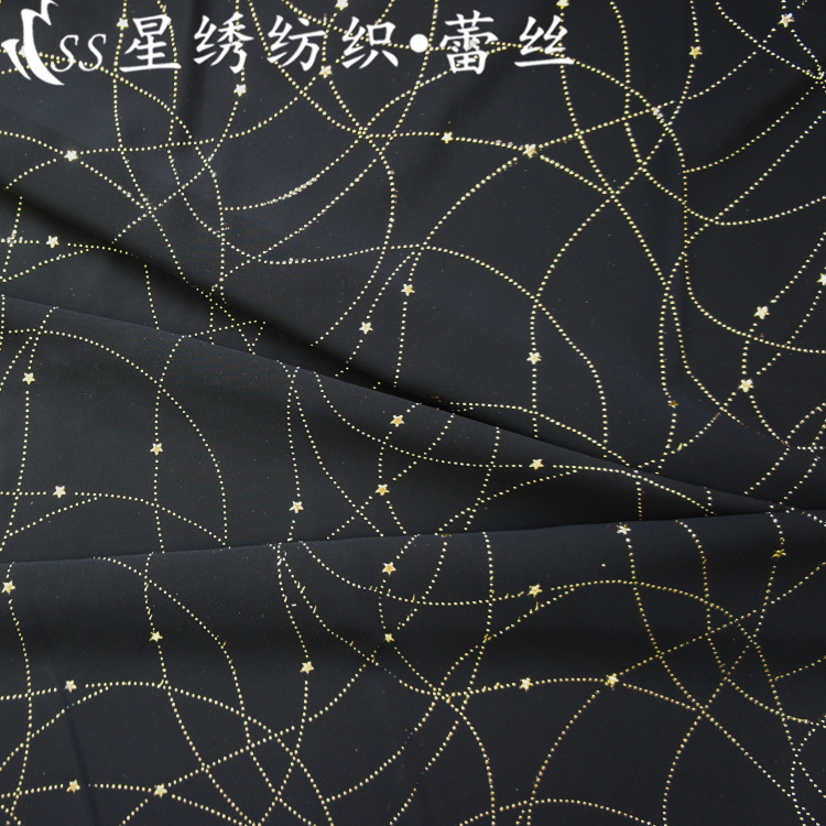 75D特密珍珠雪纺滴塑烫金流星乱网喷洒烫金工艺雪纺衬衫裙装布料