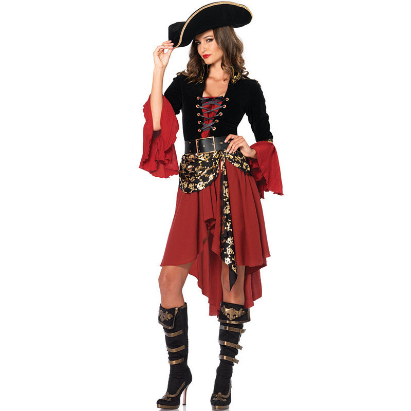 European and American Ladies Halloween Long Sleeve Western Skeleton Female Pirate Costume Performance Costume Cosplay Game Uniform