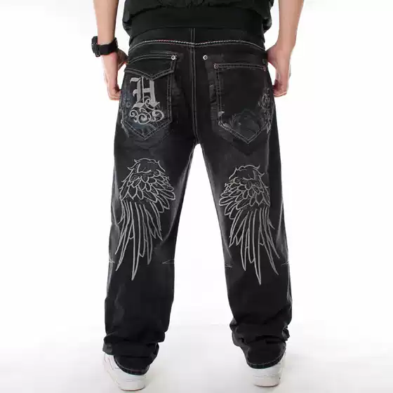 European and American Trendy Men's Hip Hop Jeans Hip Hop Clothing Washed Loose Skateboard Pants Plus Large Size