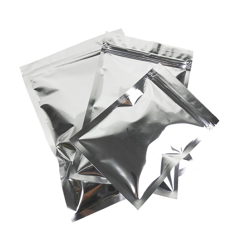 Bolso ziplock Chapado en aluminio en stock al por mayor plateado de aluminio cremallera bolsa sellada bolsa de hueso de grado alimenticio bolsa de embalaje de té de papel de aluminio