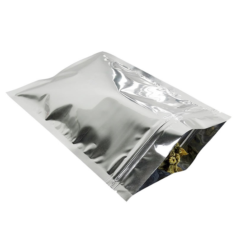 Bolso ziplock Chapado en aluminio en stock al por mayor plateado de aluminio cremallera bolsa sellada bolsa de hueso de grado alimenticio bolsa de embalaje de té de papel de aluminio