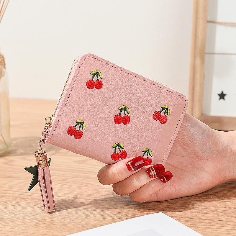 2022 Short Cherry Embroidery Short Trendy Small Wallet New Student Simple Fashion Wallet Zipper Coin Purse