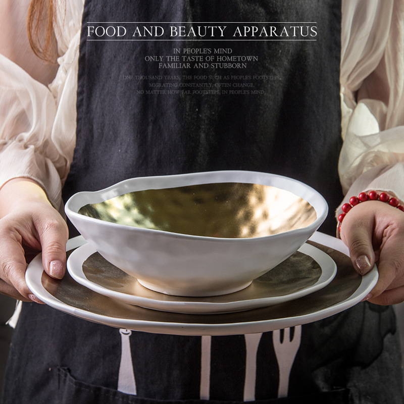 Plato de cena de cerámica de oro Plato de ensalada Plato de joyería de plata