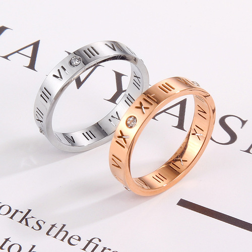 European and American 18k rose gold titanium steel Roman numeral ring Diamond hollow couple alphabet ring for men and women