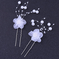 Z007結婚新娘手工珍珠蕾絲布花U形夾 珍珠花朵髮簪插針髮飾發叉