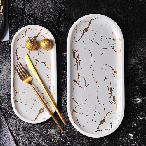 Nordic-style marble pattern rectangular ceramic plate irregular Western dinner plate sushi plate home use tray jewelry plate