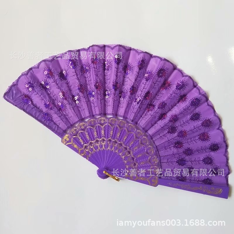En stock AliExpress ventilador plegable de lentejuelas Amazon ventilador de lentejuelas bordado hecho a mano ventilador de lentejuelas Yongchun fan barra de color